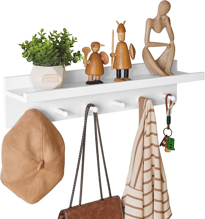 Wood Coat Hook with Wall-Mounted Shelf,23.62in Entryway Wall Hanging Shelf,for Bathroom, Kitchen,Coat Towel Key Organizer White YD-WS0260W