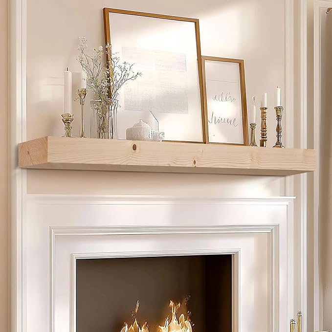 72x7x3 Fireplace Mantel - Solid Rustic Wood Wall Mounted Floating Shelf - DIY Color - with Invisible Heavy Duty Steel Bracket