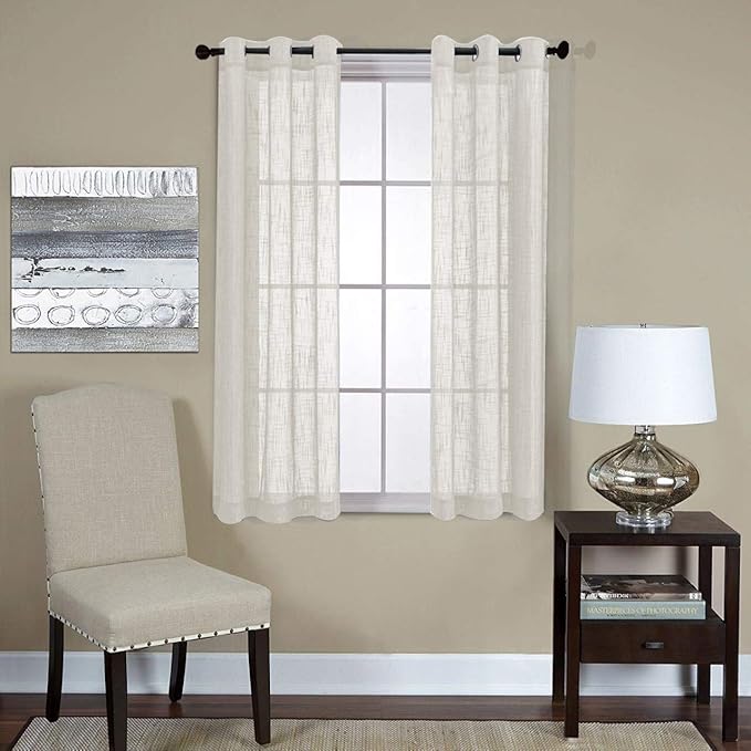 MIUCO Semi Sheer Curtains Poly Linen Textured Solid Grommet Curtains 63 Inches Long for Living Room 2 Panels (2 x 37 Wide x 63" Long) Beige