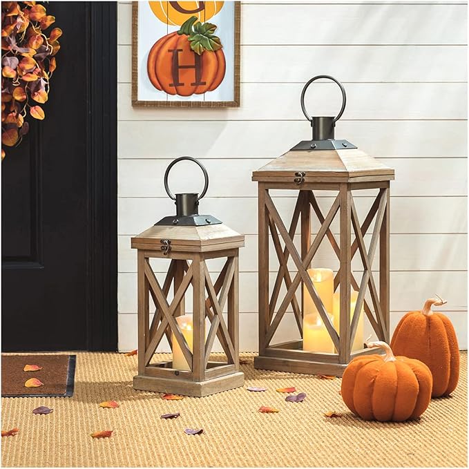 Glitzhome Mondern Farmhouse Wood Metal Lanterns Decorative Hanging Candle Lanterns Set of 2, Natural (No Glass)