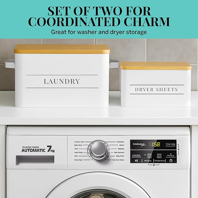 Metal Dryer Sheet Holder with Lid – Set of 2 Storage Bins for Laundry Room Organization & Home Decor – Classic White Metal Organizers and Containers with Lids - Sheet Organizers and Storage