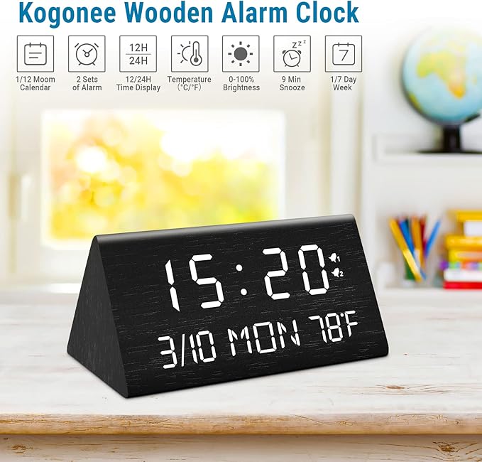 Kogonee Wooden Digital Alarm Clock, 0-100% Dimmer, 2 Alarm Settings, Weekday/Everyday Mode, 9 Mins Snooze, 12/24H, Temperature and Date Display for Office, Travel, Bedroom Alarm Clock (Black)