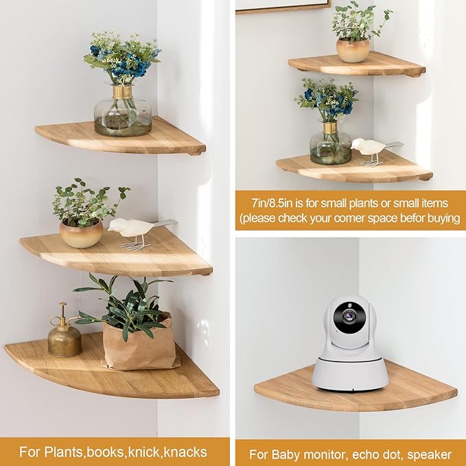 Corner Shelf, 12inch Solid Oak Wood Floating Corner Shelves Wall Mount Round End Floating Speaker Shelf with Wire Hole for Small Plant Photo Frame for Bedroom Kitchen, Living Room