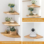 Corner Shelves, Floating Corner Shelf, Set of 2 12inch Solid Oak Wood Wall Shelves, Round End Wall Mount Display Shelf with Wire Hole for Bedroom Kitchen, Living Room