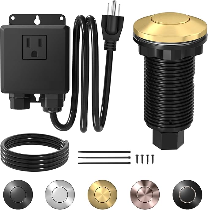 Joinfworld Garbage Disposal Air Switch Kit Waterproof Garbage Disposal Button Kit with Long Garbage Disposal Switch Brushed Brass/Brushed Champagne - UL Listed