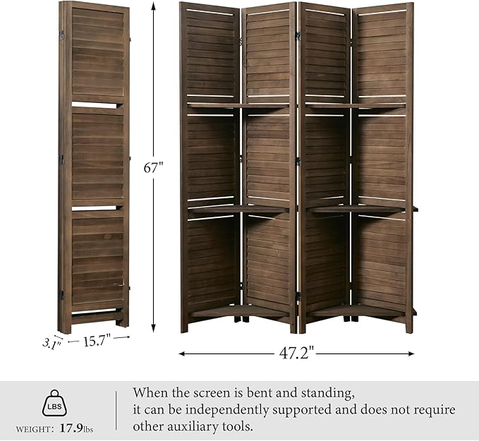 Room Divider with Shelves, 5.6 Ft Tall Folding Wood Screen with Double Hinges for Home Office Bedroom Hotel Decoration (4 Panels, Brown)