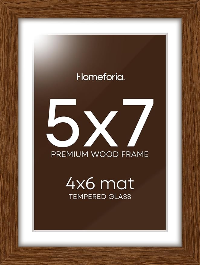 Homeforia 5x7 Brown Picture Frame, High End Dark Oak 5x7 Wooden Frames with Mat 4x6 Photo, 5 x 7 Walnut Wood Frame Matted to 4 x 6 Print, 7x5 Wall or Tabletop Frame, Tempered Glass, Wall Kit, Set of 1
