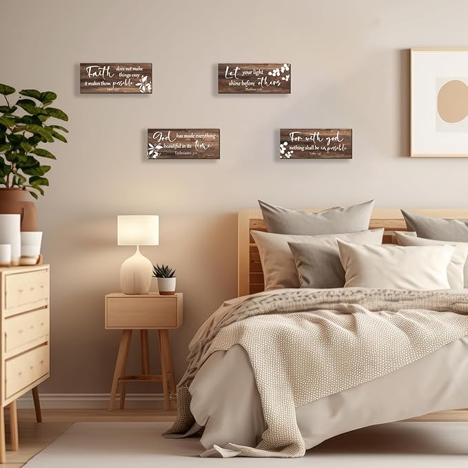 FENCORDAR 4 Pieces Brown Wall Decor Bible Verses Bathroom Decor Wooden Farmhouse Office Christian Wall Art Religious Art for Women Office Home Bedroom Living Room Decor(Brown 10x4)