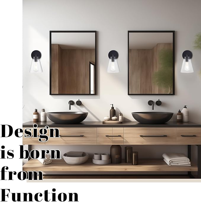 Hamilyeah Black Bathroom Sconces Wall Lighting, Farmhouse Wall Sconces Set of 2, Industrial Black Sconces with Clear Glass Shade for Living Room, Kitchen, Hallway