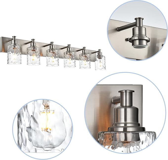 BONLICHT Vanity Light Fixture Brushed Nickel 6-Light Modern Farmhouse Wall Sconce Bathroom Lighting with Hammered Glass Industrial Wall Mount Lights for Kitchen Dining Room Cabinet Corridor