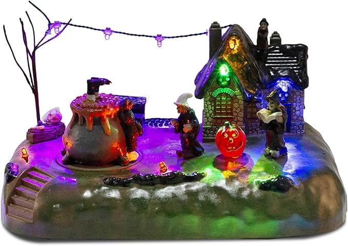 Halloween Village Witch Cauldron Bubble Figurine with Lit House Spooky Town Indoor Decoration Accessories for Holiday Display, Battery Operated