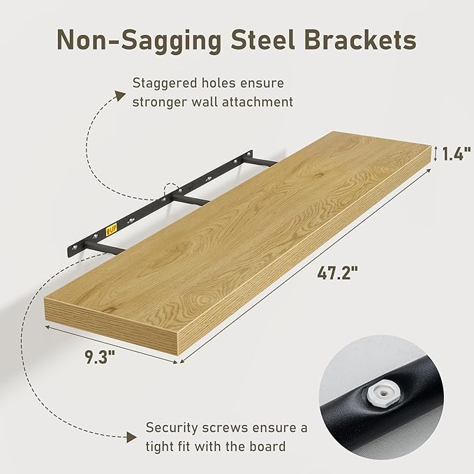 Floating Shelves Wall Shelf 48 Inch, 9.3 Inch Deep Floating Shelf for Wall, Farmhouse Black Wood Shelves Invisible Bracket for Living Room, Bedroom, Kitchen, 48 x 9.3 x 1.4 Inch, Set of 2, Oak Color