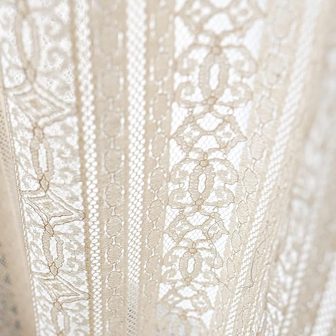 Sutuo Home Boho Curtain Crochet Lace Semi-Sheer Florals Hollow Knitted Handmade Tassels, Rod Pocket Window Treatment Vintage Rustic Farmhouse Drapes for Living Bedroom, 1 Panel 59" W x 72" L, Beige