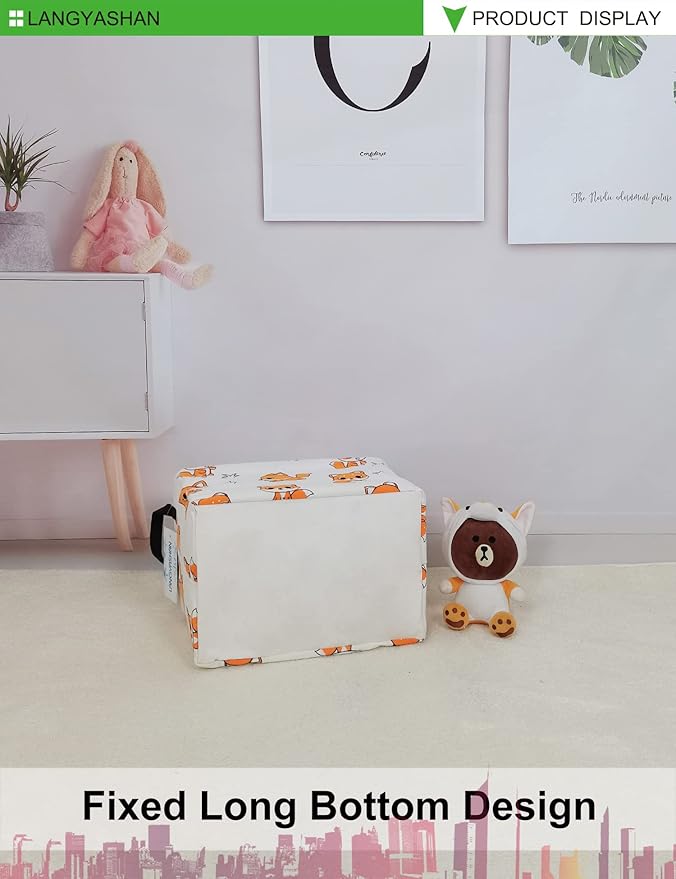 LANGYASHAN Rectangular Storage Bin Collapse Canvas Fabric Cartoon Storage Basket with Handles for Organizing Home Kitchen Boys and Girls Toys Office Closet Shelf Baskets(Rec Fox)
