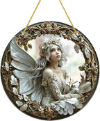 Flower Fairy Garden Decorations Angel Wing Christmas Halloween Deco Statue Art Elf Sculpture Hanging Craft for Outdoor Yard Courtyard Lawn Patio Window Acrylic Ornament Home Gift (D,S: 6*6 IN)