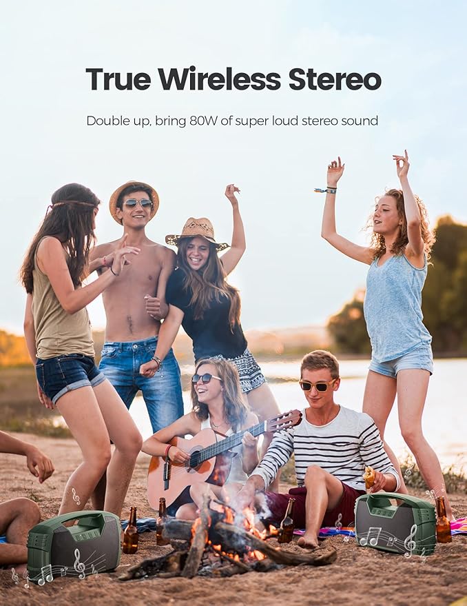 IPX7 Waterproof Bluetooth Speaker, 40W (60W Peak) Portable Wireless Speakers, 32H Playtime, Stereo Loud Sound, Deep Bass, Bluetooth 5.0, Built-in Mic for Camping, Party, Outdoor, Gifts, Beach-Green