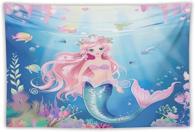 HZOHNAGO Mermaid Girls Tapestry Watercolor Mermaid Princess Pattern Printed Wall Tapestry Wall Hanging for Bedroom Living Room Dorm 90" W x 60" H