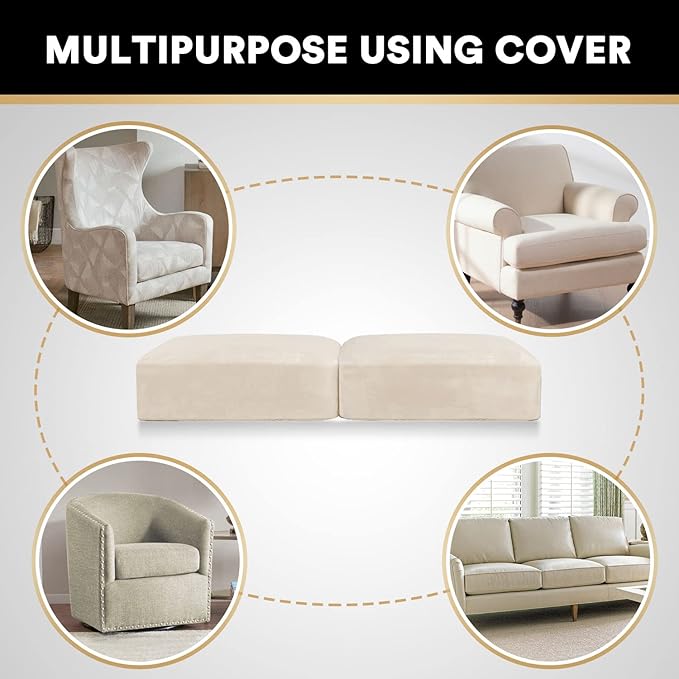 PrinceDeco Velvet Couch Cushion Cover Stretch Sofa Seat Covers Washable Cushion Slipcover for Chair Love Seat Sofa Cushion Furniture Protector Seat Cushion Sofa Cover (Each Width Up to 29.5", Ivory)
