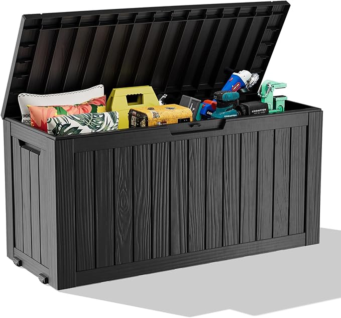 75 Gallon Resin Deck Box, Lockable Outdoor Storage Box for Patio Cushions Storage Furniture,Garden Tools, Pool Supplies, Weatherproof and UV Resistant（Black）