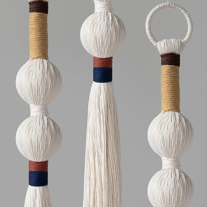 Macrame Wall Hanging Boho Decor Yarn Wall Art Small Sphericity Cotton Textile Tassel Hanging Fiber Art for Living Room Bedroom 27'' L x 2.3'' W