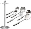Kitchen Utensil Set – 6 Piece Stainless Steel Cooking Utensils with Rotating Holder Organizer Includes Slotted Spoon, Slotted Spatula, Large Spoon, Soup Ladle, Spatula, Pasta Server Silver/7PCS
