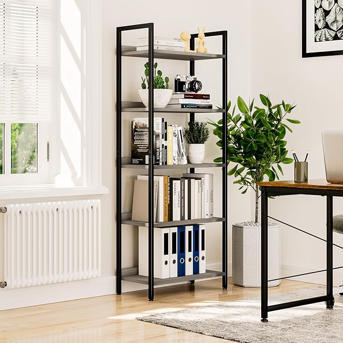 NUMENN Bookshelf, 5 Tier Bookshelves, Home Office Bookcase Shelf Storage Organizer, Free Standing Storage Shelving Unit for Bedroom, Living Room and Home Office, Grey