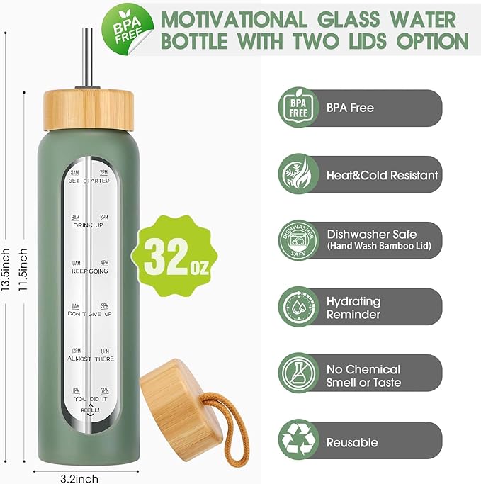 32 oz Glass Water Bottle with Straw - Motivational Time Marker & Silicone Sleeve - Reusable Tumbler Includes 2 Bamboo Lids & Fruit Infuser - 1 Pack