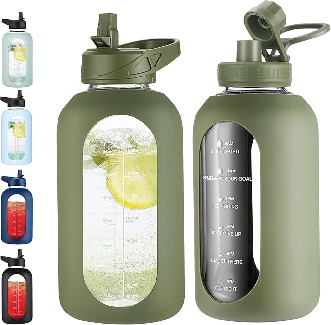 64 oz Glass Water Bottle With Straw and Handle, Half Gallon Sports Motivational Water Jug Flask with Silicone Sleeve, Large Water Cup with Time Marker for Travel, Gym, Army Green
