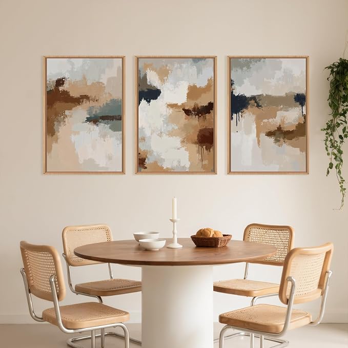 LHIUEM Large Abstract Brown Grey Framed Canvas Wall Art,Neutral Brush Stroke Pastel Wall Decor,Modern Color Block Wall Painting,Minimalist Artwork for Living Room,Bedroom,Dining Room,Office -16"x24"x3