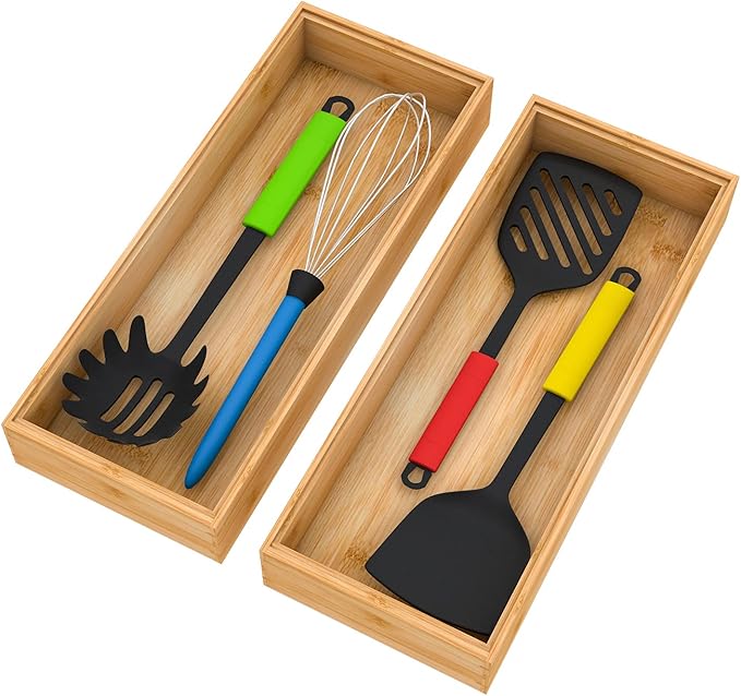 Drawer Organizer Storage Box Kitchen - Wood Stackable Tray Utensil Organizer for Office Drawers,Cabinets,Shelves,Pantry,or Bathroom Counter,Drawer Dividers for Silverware Set of 2（15x6x2.5inch）
