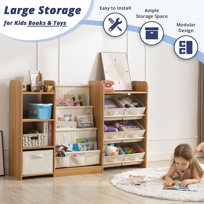 Kids Toy Book Storage Organizer - Large Bookshelf with 7 Removable Bins, Baby Bookshelf and Toy Storage, 4-Tier Book Shelf for Kids Room, Playroom, Classroom, 51 inch, Burlywood