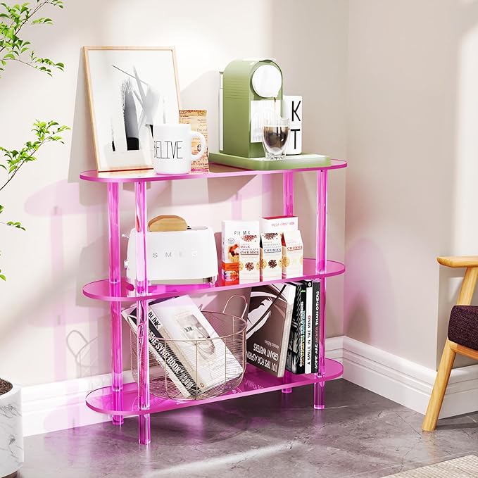 Clear Bookshelf, Acrylic Bookcase with Open Book Shelf Console Table for Entryway Office (3 Tier Pink)