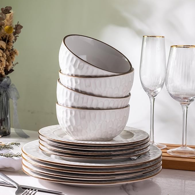 GBHOME Ceramic Dinnerware Sets,12 pcs Embossed Elegant Stoneware Plates and Bowls Sets, Housewarming Wedding Gift | Dishwasher & Microwave Safe | Dishes Set Service for 4