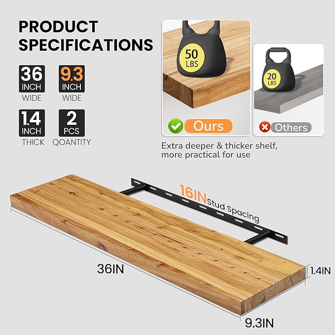 Fun Memories Floating Shelves for Wall, 36"x9.3" Rustic Solid Elm Wood Shelves, Heavy-Duty Wall Mounted Shelf with Invisible Brackets, Set of 2 for Living Room, Bedroom, Kitchen, Natural Finish