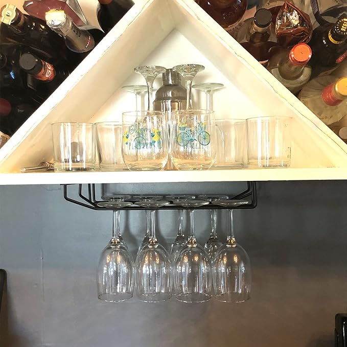 14-Inch Black Wine Glass Rack, Under Cabinet Wine Glass Holder Stainless Steel Stemware Rack - Hanging Stemware Holder for Cabinet Kitchen Bar, Set of 4