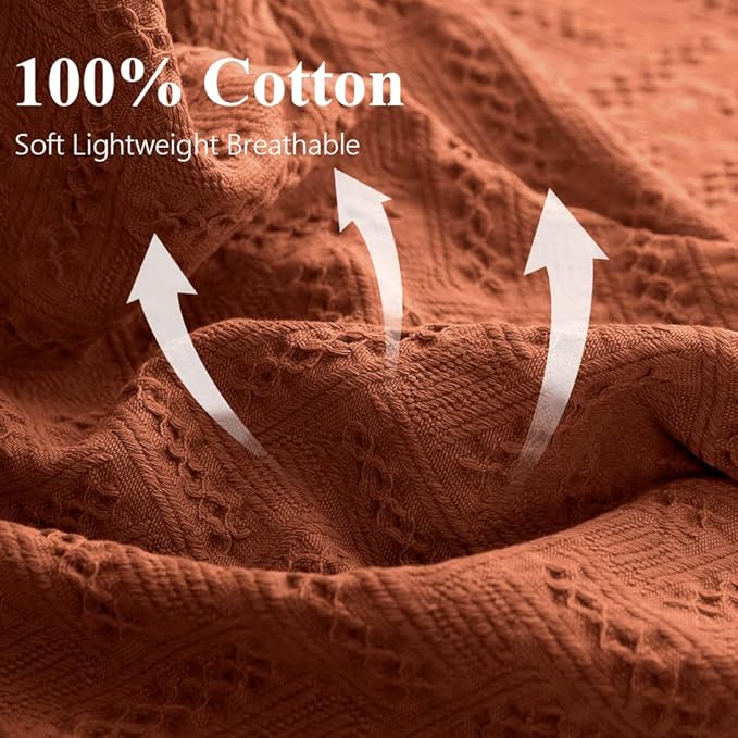 Simple&Opulence 100% Cotton Throw Blanket for Bed, Couch, Boho Luxury Geometric Woven Blanket with Tassels Soft Lightweight Cozy Breathable, Vintage Farmhouse Decoration for All-Season(Rust Orange)