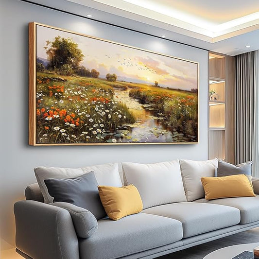 PHAOHUAXM Large Wall Art For Living Room Canvas Wall Decor For Bedroom Watercolour Painting Office Decoration Countryside Sunrise Scenery Wall Picture Ready To Hang Home Decor Wood Framed 20x40 In