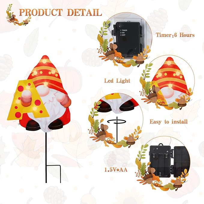 WONDER GARDEN Fall Yard Stakes Yard Signs, 4 Pack Metal Thanksgiving Lighted Garden Stakes, Gnome Sign with LED Lights for Harvest,Outdoor, Lawn,Farmhouse Decorations