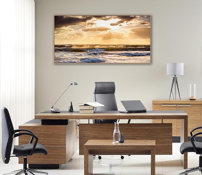 Framed Sunset Ocean Wall Art - Canvas Wall Decor Glow Sea Scene Nature Landscape Prints Sunset Over the Ocean Painting Artwork Living Room Bedroom Office Home 24" x 48"