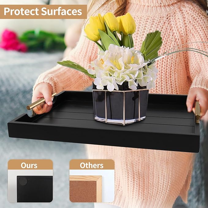 Coffee Table Trays - Large Ottoman Tray for Living Room - Wood Serving Trays with Handles(2 Sets) - Wooden Tray for Coffee Table, 4 Round Coasters Included, Black