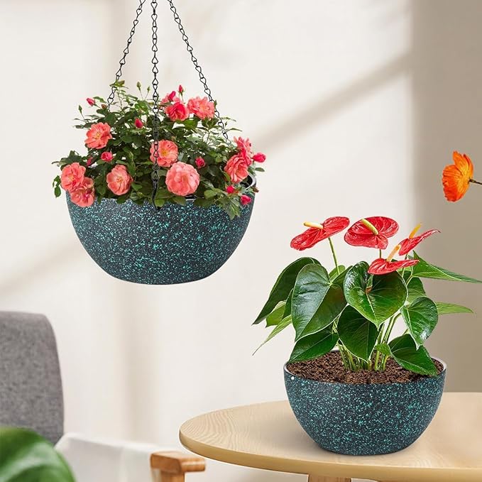 13 inch Hanging Planters for Indoor Plants, 2 Pack Planters for Outdoor Plants with Drainage Holes and Chain, Round Plastic Hanging Baskets, Hanging Flower Pots for Balcony Garden-Black Speckle