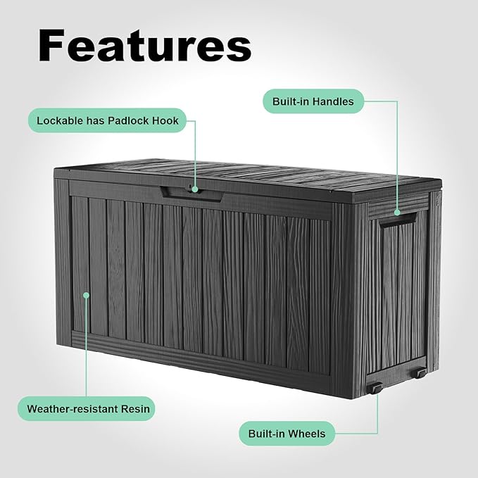 75 Gallon Resin Deck Box, Lockable Outdoor Storage Box for Patio Cushions Storage Furniture,Garden Tools, Pool Supplies, Weatherproof and UV Resistant（Black）