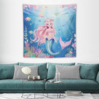 HZOHNAGO Mermaid Girls Tapestry Watercolor Mermaid Princess Pattern Printed Wall Tapestry Wall Hanging for Bedroom Living Room Dorm 60" W x 60" H