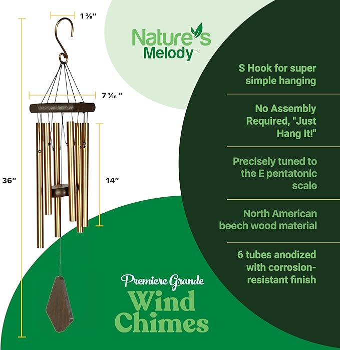 Nature’s Melody Premiere Grande Tunes Wind Chimes – Outdoor Windchime with 6 Tubes Tuned to E Pentatonic Scale, Rustproof Aluminum, Beech Wood & S Hook Hanger for Sympathy, Memorial Gift or Zen Garden