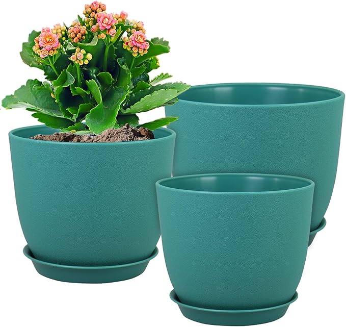 Large Flower Pots 12/10/9 inch, Set of 3 Modern Decorative Plastic Planters with Drainage Holes and Saucers for House Plants, Plant Pots for Indoor Outdoor Plants, Blue Green
