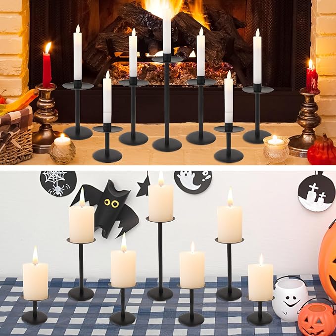 Set of 7 Metal Black Candle Holders, Assemblable Pillar and Taper Candlesticks, Halloween Fall Thanksgiving Day Dining Table Centerpieces Decor, Mantle Fireplace Candle Sticks Decorations