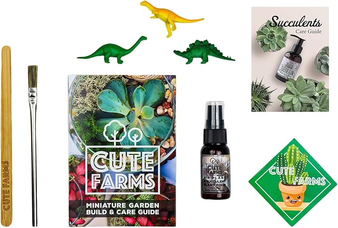 Cute Farms Terrarium Starter Kit | Moss, Vermiculite, Soil, Pebbles, Plant Food, Finishing Tools, Build and Care Guide | DIY Succulent Terrarium for Adults and Kids (Large + Live Plants)
