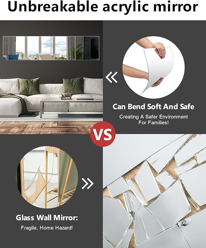 Home Gym Mirrors 12 Inch x 12Pcs Full Length Mirror Tiles Acrylic Unbreakable Wall Mounted Mirror Frameless Full Length for Home Gym, Bedroom, Door