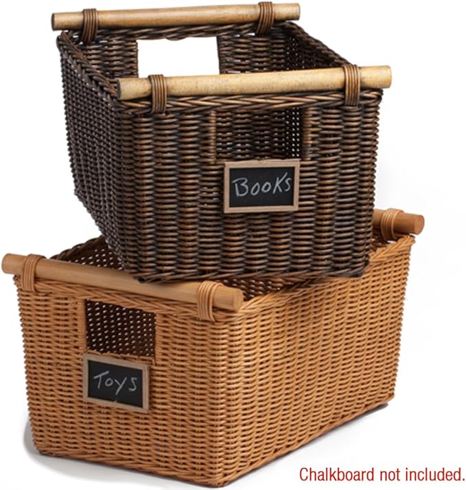 The Basket Lady Pole Handle Wicker Storage Basket, Extra Large, 20 in L x 16 in W x 10 in H, Antique Walnut Brown