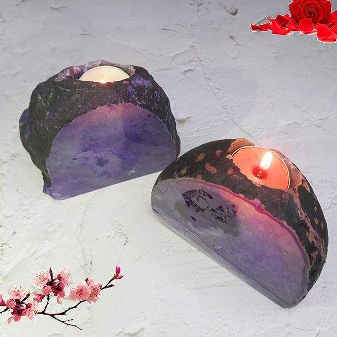 AMOYSTONE Purple Agate Rock Stone Candle Stand Cut Base 1.5-2.5 Lbs for Home Décor